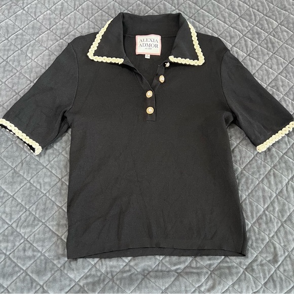 Alexia Admor Top Women Medium Knit Black Pearl Buttons Embroidered Preppy R - Picture 1 of 9
